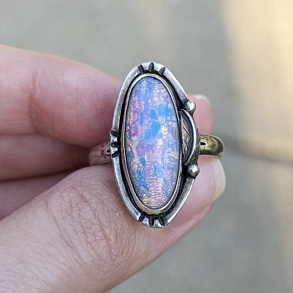 Vintage oval sterling silver 925 faux pink and blue opal ring Native American - Picture 4 of 8